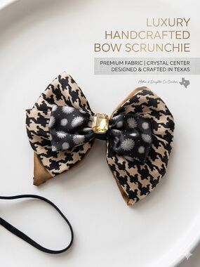 Handmade Luxury Houndstooth Bow Scrunchie Hair Tie. Statement